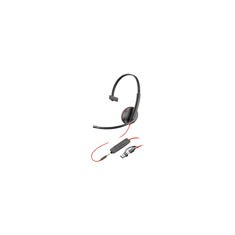 Poly Blackwire 3215 Monaural USB-C Headset +3.5mm Plug +USB-C/A Adapter